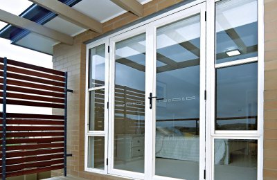 Essential French doors (open in screens N/A) with double hung over fixed lite side lites (without screens)