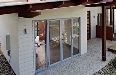 Essential French doors (open in screens N/A) with full height double hung side lites (without screens)